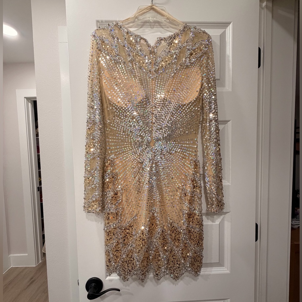 Jovani Gold Sequin Beaded Mini Dress | Long Sleeve Cocktail Dress Designer - Picture 4 of 14
